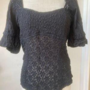free people spring fling black shirt daisy lace puff cotton sleeves sz. l
